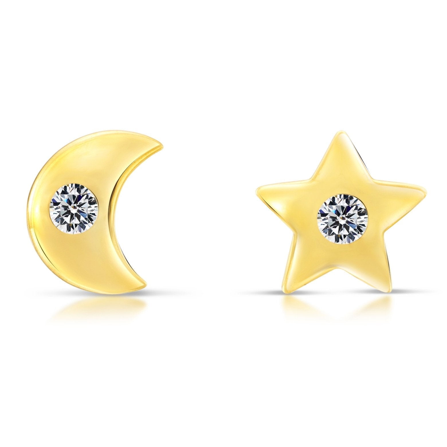 Tilo Jewelry 10K Yellow Gold Small Star & Moon CZ Stud Post Earrings with Secure Screw-Backs | Everyday Dainty Small Earrings for Women & Unisex