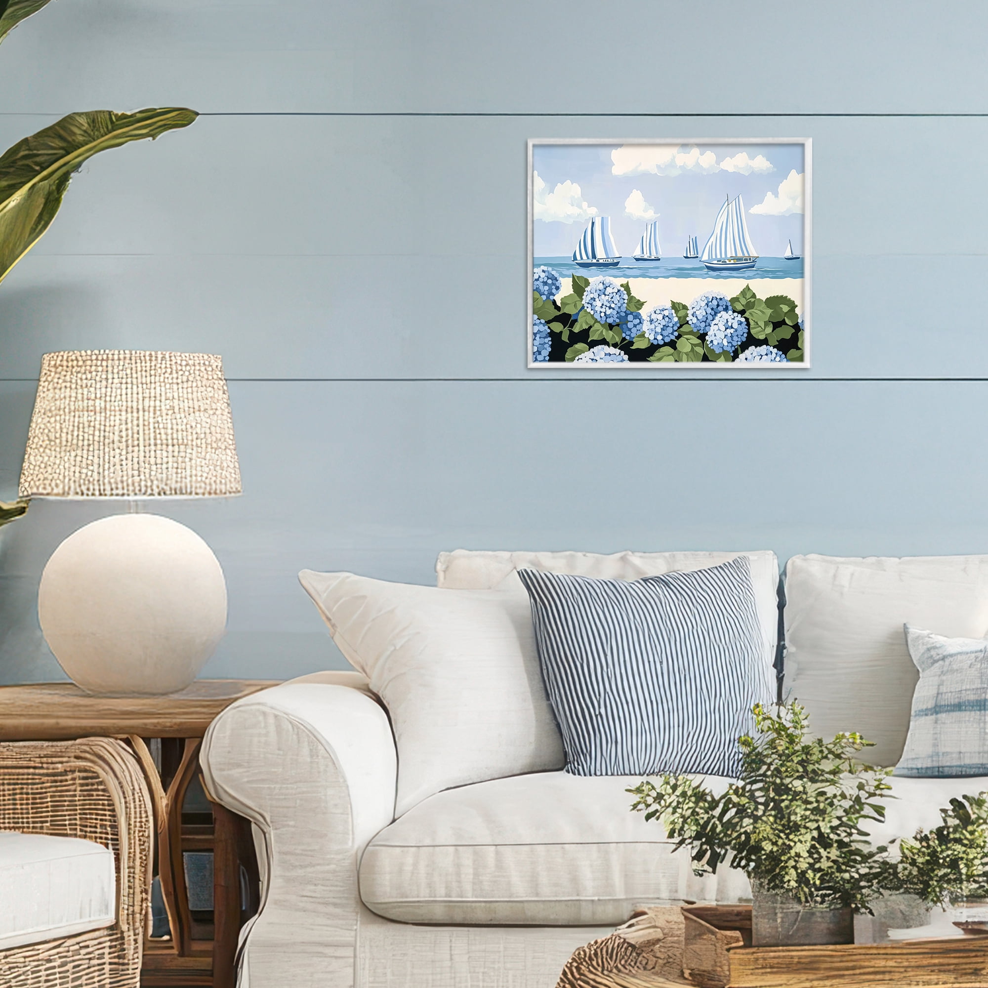 Stupell Industries Striped Sails & Seaside Hydrangeas White Framed Giclee Art, design by Sisi and Seb