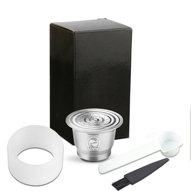 Compatible with Nespresso stainless steel coffee capsules, reusable and refillable coffee capsule cup, filter with brush, spoon and powder pressing ring