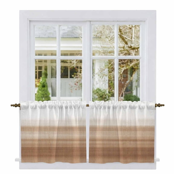 Brown White Ombre Tier Curtains, Vintage Farmhouse Abstract Striped Light Filtering Kitchen Curtains, 2Pcs Rod Pocket Half Window Treatments Panels for Sink Cafe Cabinet Camper 27.5x24 Inches