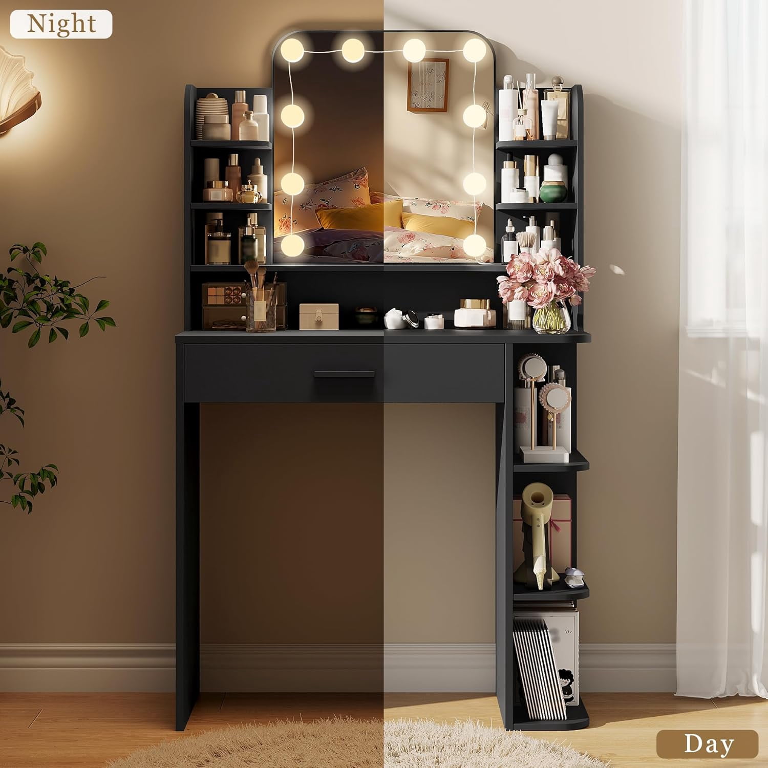 Pipleo 31" W Makeup Vanity Desk with Mirror and Lights, Small Vanity Table with 8 Storage Shelves, Big Drawer and 3 Lighting Colors, Bedroom Vanity for Girls