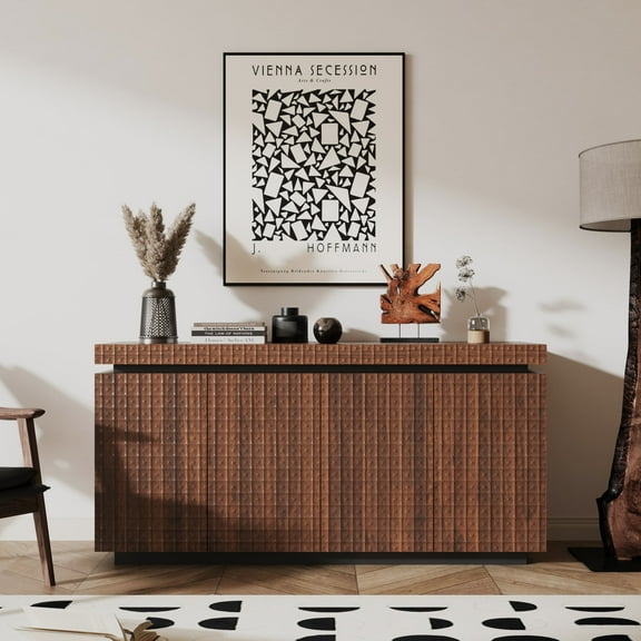 Aukfa 4 Doors Textured Sideboard Cabinet, Accent Credenza with Spacious Desktop for Living Room/Dining Room/Entryway,Antique Brown