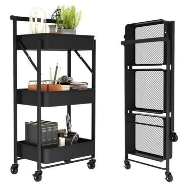 3-Tier Metal Mobile Cart, Foldable, Locking Wheels for Utility, Craft, Storage, Organization, Black