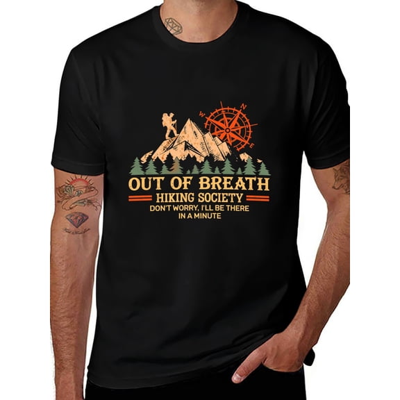 Potopok Out of Breath Hiking Society T-Shirt Funny Hiking Tee,Black - S
