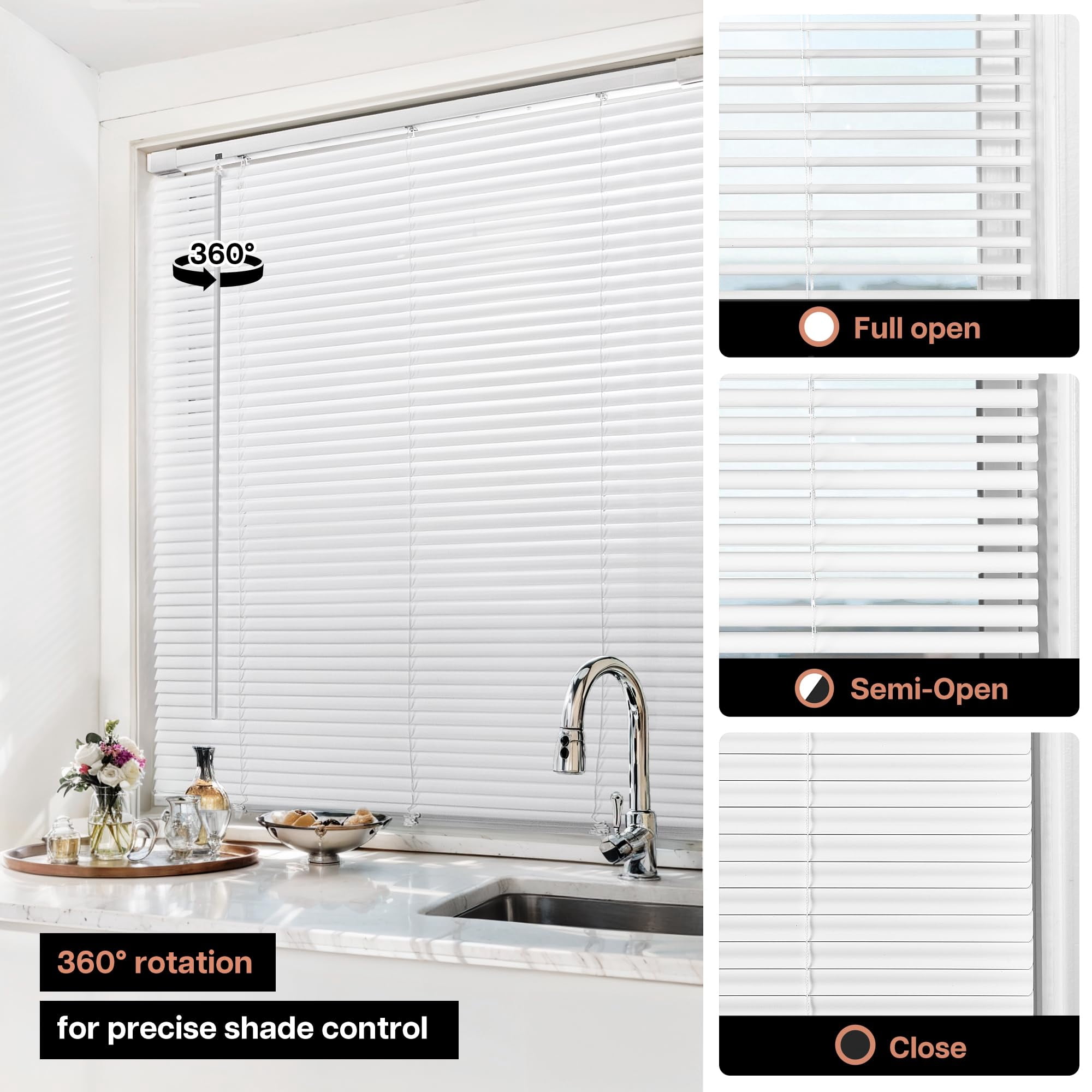 LazBlinds No Tools No Drill Cordless 1" Vinyl Mini Blinds, 100% Privacy S-Curve Blinds for Indoor Windows, Room Darkening Horizontal Window Blinds and Shades for Home, 25" W x 64" H, White