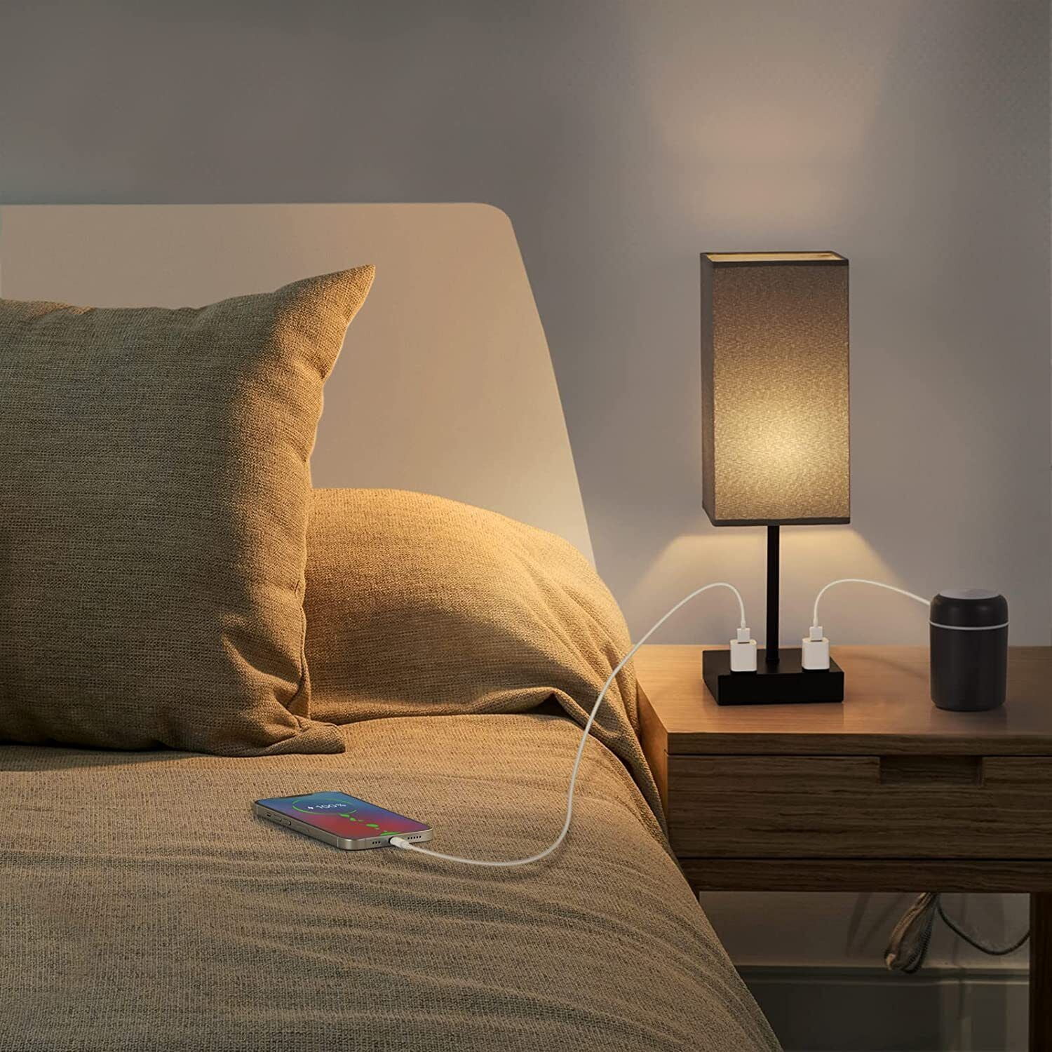Grey Nightstand Lamps Set of 2 Touch Control Bedside Lamps with Dual AC Outlets