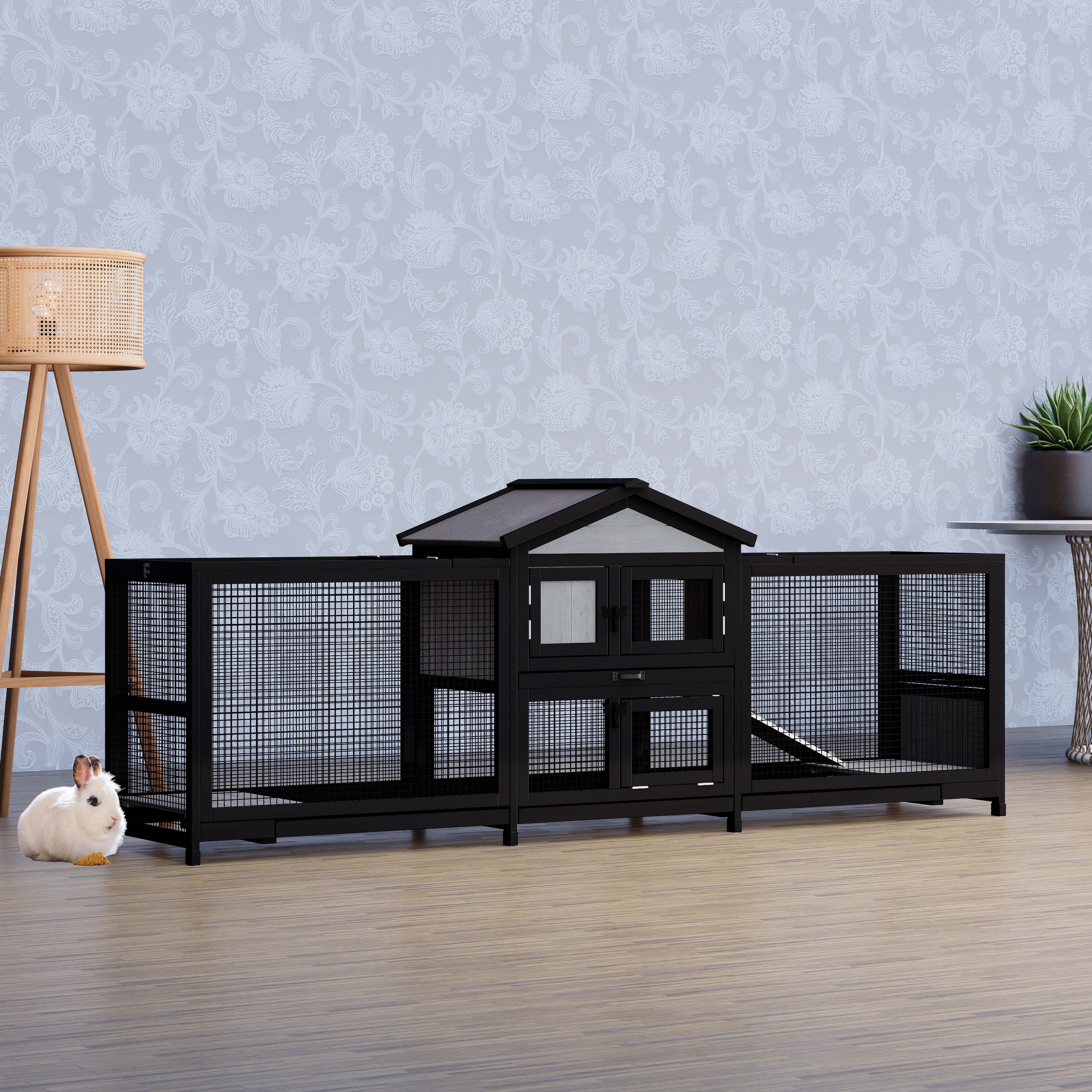 Large Wooden Rabbit Cage Small Animal Cage Indoor Outdoor Pet Cage With Removable Tray And Wire Mesh Bedding Area 2Running Cages