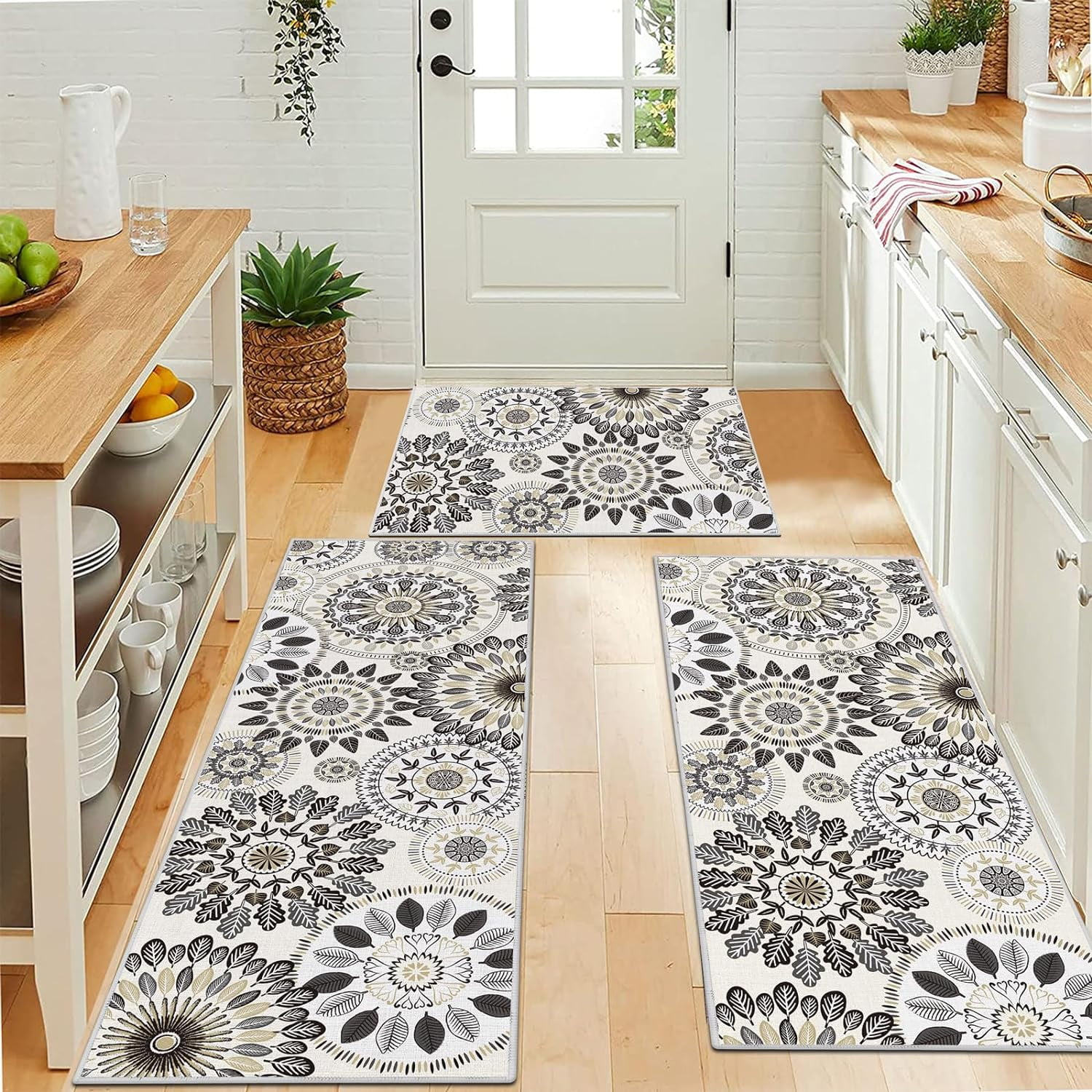 Tyrot Boho Kitchen Mat Set of 2 Cushioned Anti-Fatigue Floor Mat PVC Rubber  Kitchen Rugs Non Slip Waterproof Damask Floral Kitchen Rugs and Mats