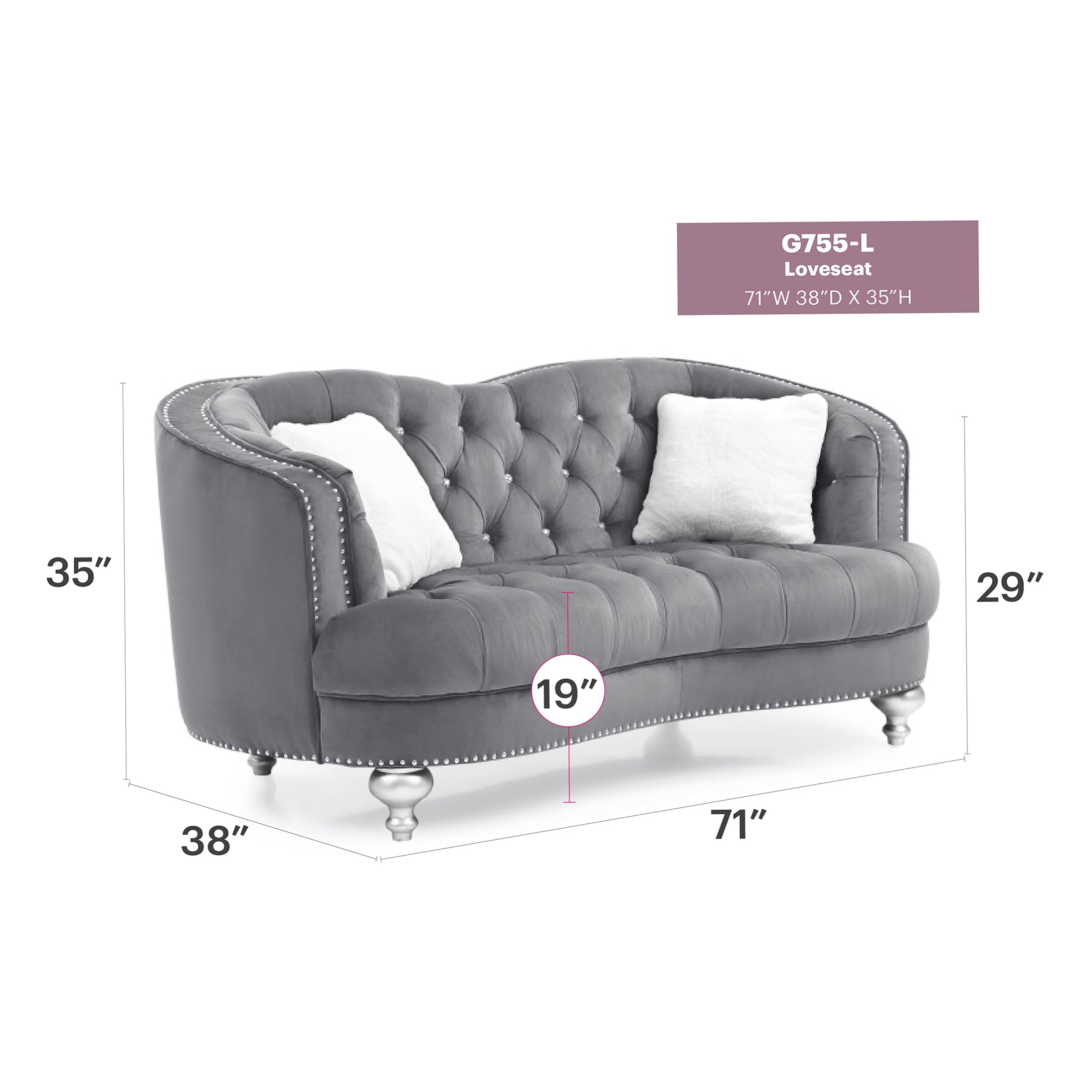 Gray Velvet Loveseat Sofa with Recessed Arms, Compact Two-Seater for Small Spaces, No Assembly Required