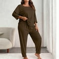 thumbnail image 2 of Loopsun Womens Pajama Sets, Women's Plus Size Casual Solid 3/4 Sleeve Shirts and Long Pants Pajama Loungewear Set Brown, XXXXXL, 2 of 5