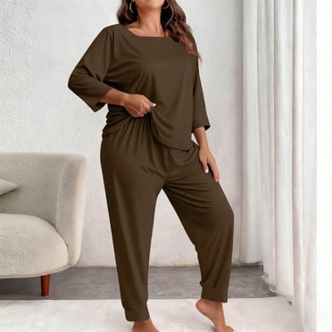 Yteetum Women's Plus Size Pajama Sets Crewneck 3/4 Length Sleeve Shirt Tops and Pajama Pants 2 Piece Set Womens Casual Solid Round Neck Three Quarter Sleeve Shirts and Loose Loungewear Pjs Pants Set