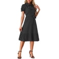 thumbnail image 1 of Vestidos de impresión de corazón INSPIRE CHIC para mujeres, vestido vintage con cuello de solapa, mangas cortas abullonadas y volantes, negro, talla S, 1 of 1