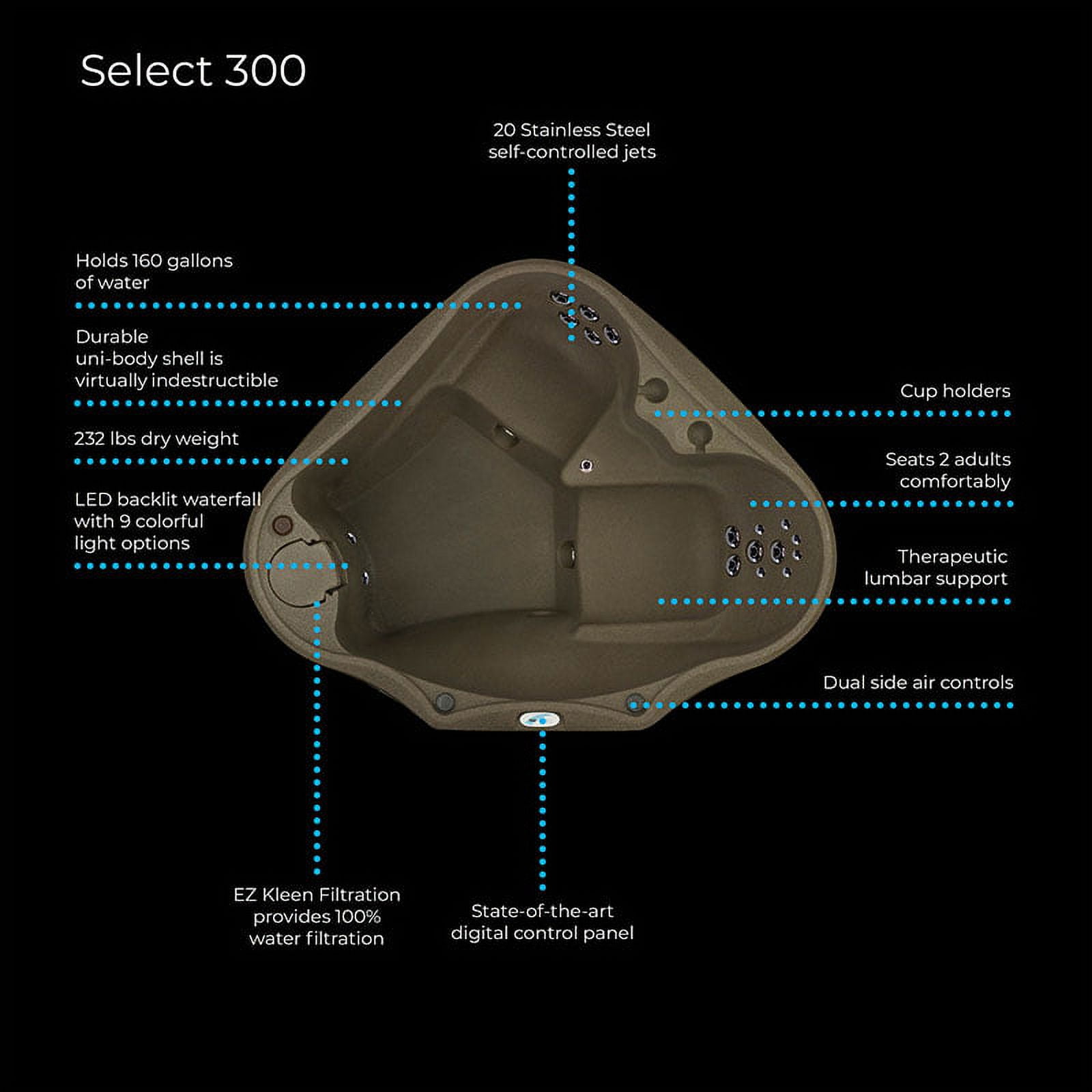 Select 300 2-Person Plug and Play Hot Tub with 20 Stainless Jets and LED Waterfall in Brownstone