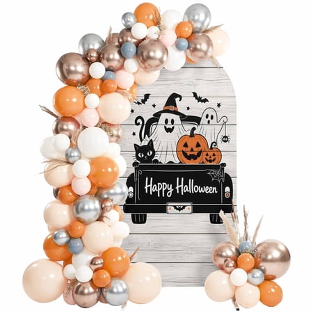 Halloween Arch Backdrop Cover 6.6Ft, Wedding Arch Covers Stretchy Backdrop, Funny Ghost Pumpkins Black Cat Truck Wooden Fitted 2 Sided Arched Photo Background for Birthday Party Decorations