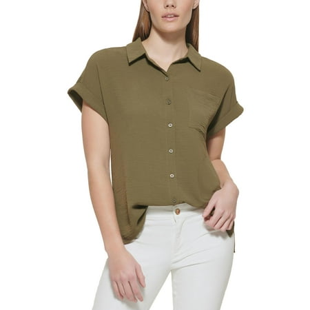 Calvin Klein Womens Collared Solid Button-Down Top