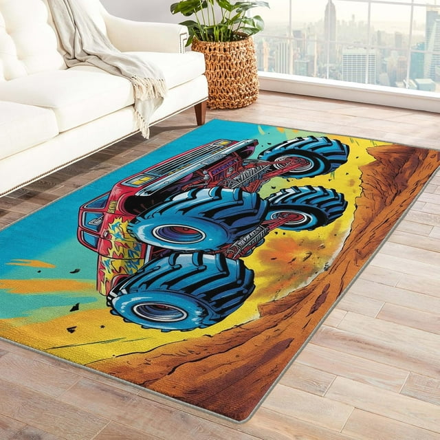 Monster Truck Rug & Home Decor - Living Room Rug, Cool Boys Rugs for Bedroom, Washable Rugs, 5x7 Rug, Non Slip Soft Indoor Area Rug, Kids Carpet & Room Decorations Y-&119