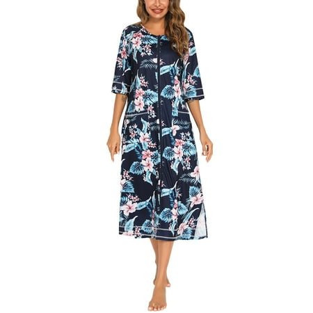 

Niuer Women Loose Pockets Robes Ladies Pajamas Sleep Dress Bathrobes 3/4 Sleeve Home Leopard Print Plain Nightgown
