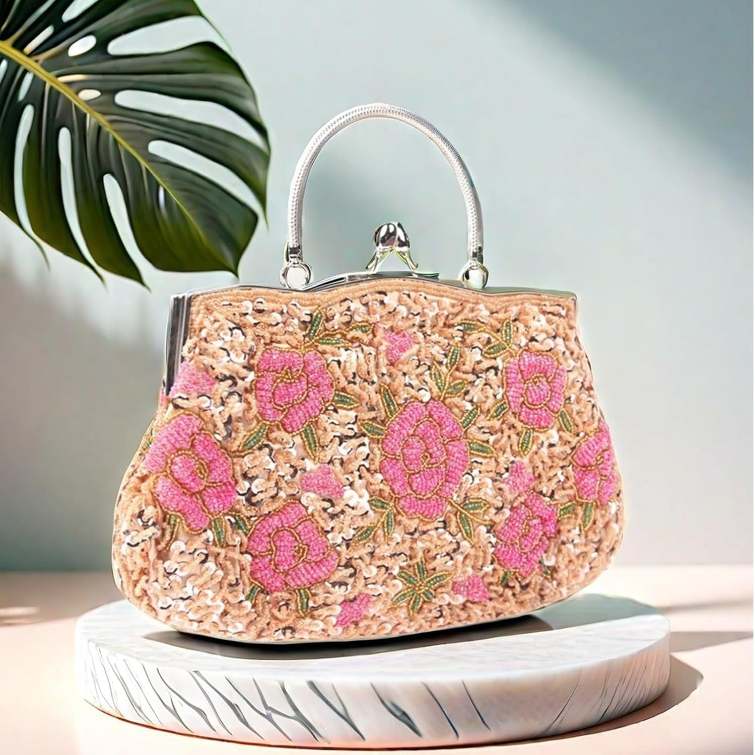 Women's Floral Beaded Embroidered Clutch Purse with Sequins and Detachable Chain - Elegant Evening Bag for Wedding Party