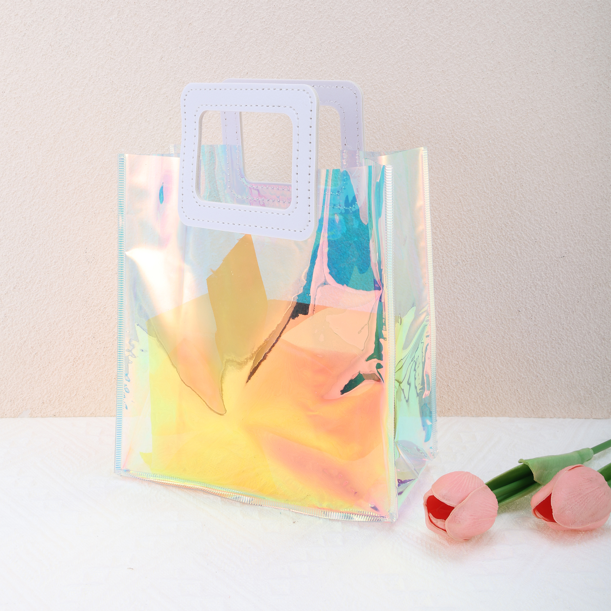 Unique Bargains Square Clear Gift Bag 1Pc White Multicolor 7.87"x3.94"x7.09"