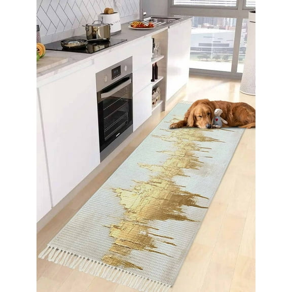 Abstract Gold Entryway Runner Rug 2x4ft,Modern Minimalist Art White Gray Ripple Washable Woven Living Room Hallway Bedroom Kitchen Carpet with Tassels,Indoor Outdoor Throw Door Mat for Entryway