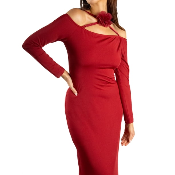 Jess por Meiko Vestido de Mujer de Manga Larga Off Shoulder con Adorno de Flores Bodycon Maxi Vestido XL Burdeos