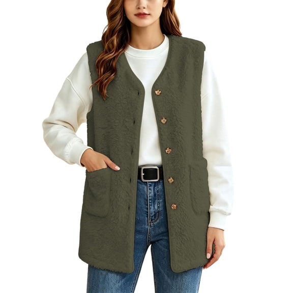 Staron Fall Winter Vests for Women Casual Sleeveless Solid Crew Neck Loose Comfy Basic Outerwear Warm Faux Fur Lightweight Fashion, Army Green L