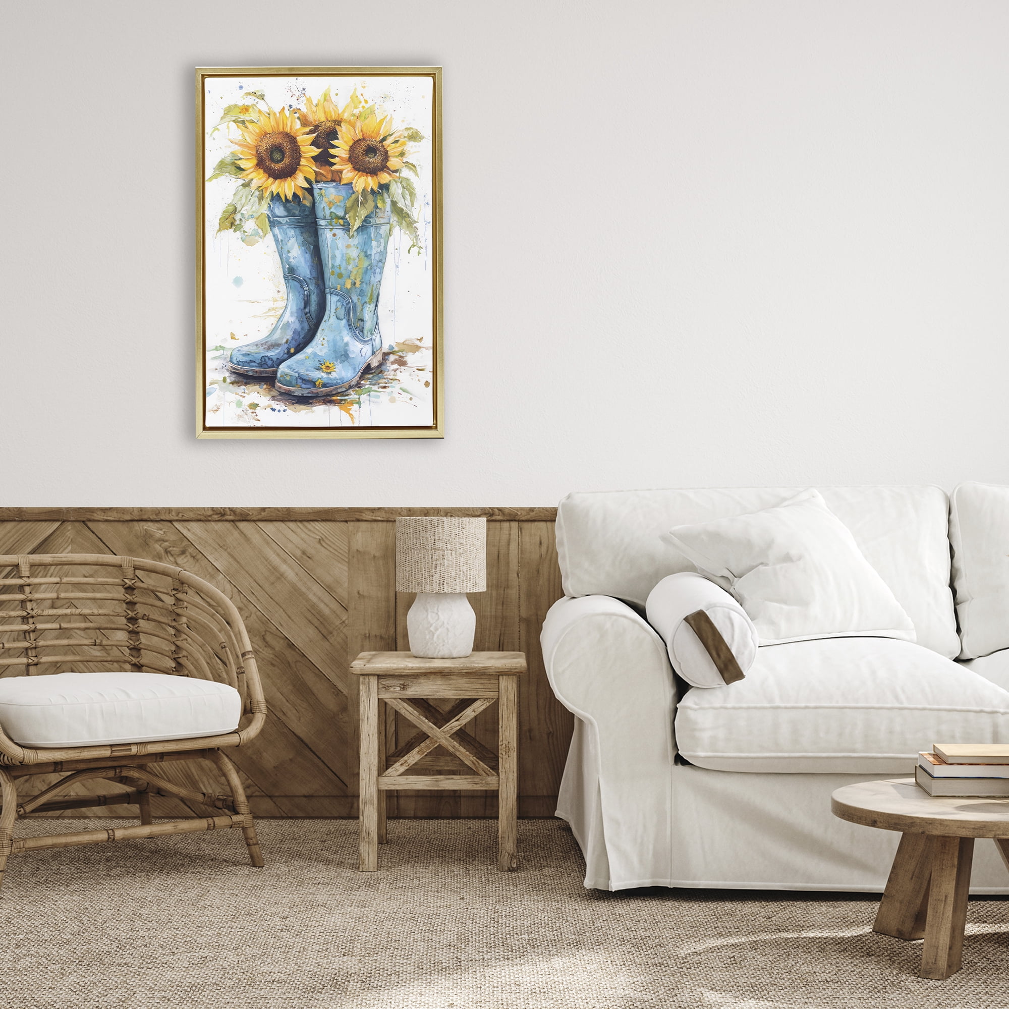 Stupell Industries Blue Rain Boots & Sunflowers Gold Framed Floater Canvas Wall Art, design by Tina LeCour
