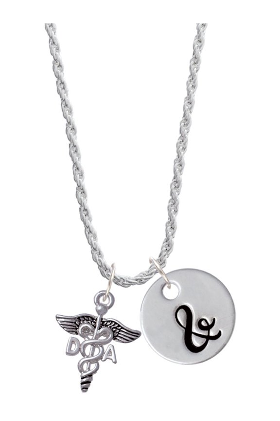 Silvertone Caduceus - DA Silvertone Script Initial Disc - & - Charm Necklace, 20"+3"