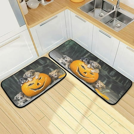 

Bestwell Halloween Puppies Dog Kitchen Rugs 2 Pieces Jack-o-Lantern Pumpkins Floor Mat Room Area Rug Washable Carpet Perfect for Living Room Bedroom Entryway