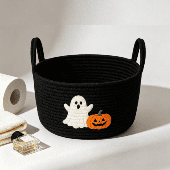 Halloween Woven Rope Basket with Handles Halloween Candy Organizer, Black Ghost Pumpkin Decor Storage Basket, Portable Organizer for Toilet Tank Top Home Party Decor
