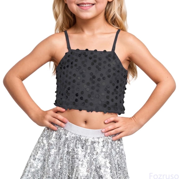 Fozruso The Girls' Adjustable Elastic Band Sequined Top Exposes The Navel For Children Over 5 Years Old Summer Tees,Sizes L Black