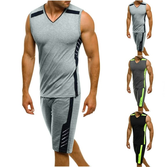 VBTAPA Mens Tracksuits 2 Piece Set Big and Tall Slim Fit Tank Top and Shorts Color Block Casual Sweatsuit Jogging Workout Sets Prime Sale Gray M