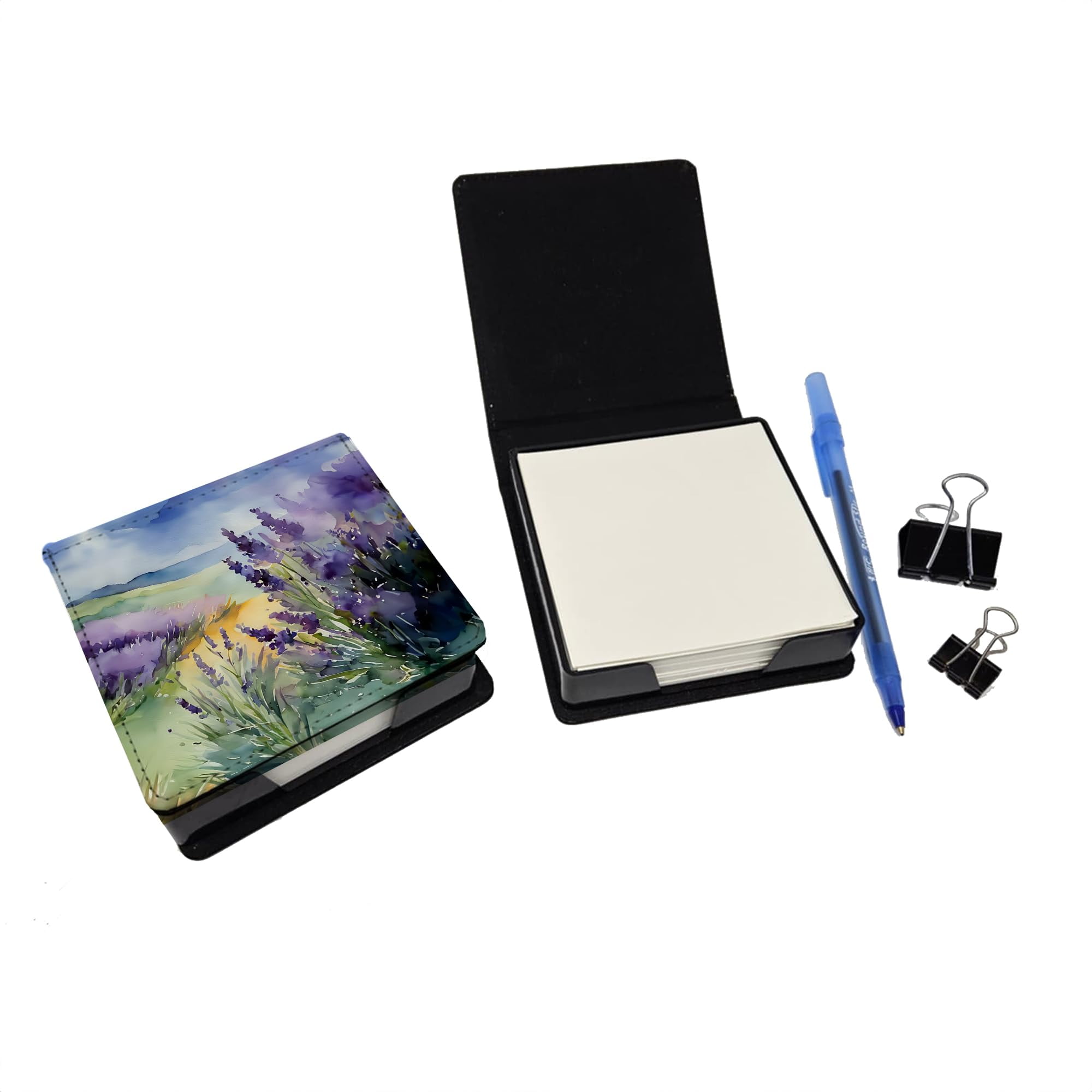 Caroline's Treasures Lavender in Watercolor PU Leather Note Paper Holder with Artist-Designed Cover, Desk Accessory, Office Gift
