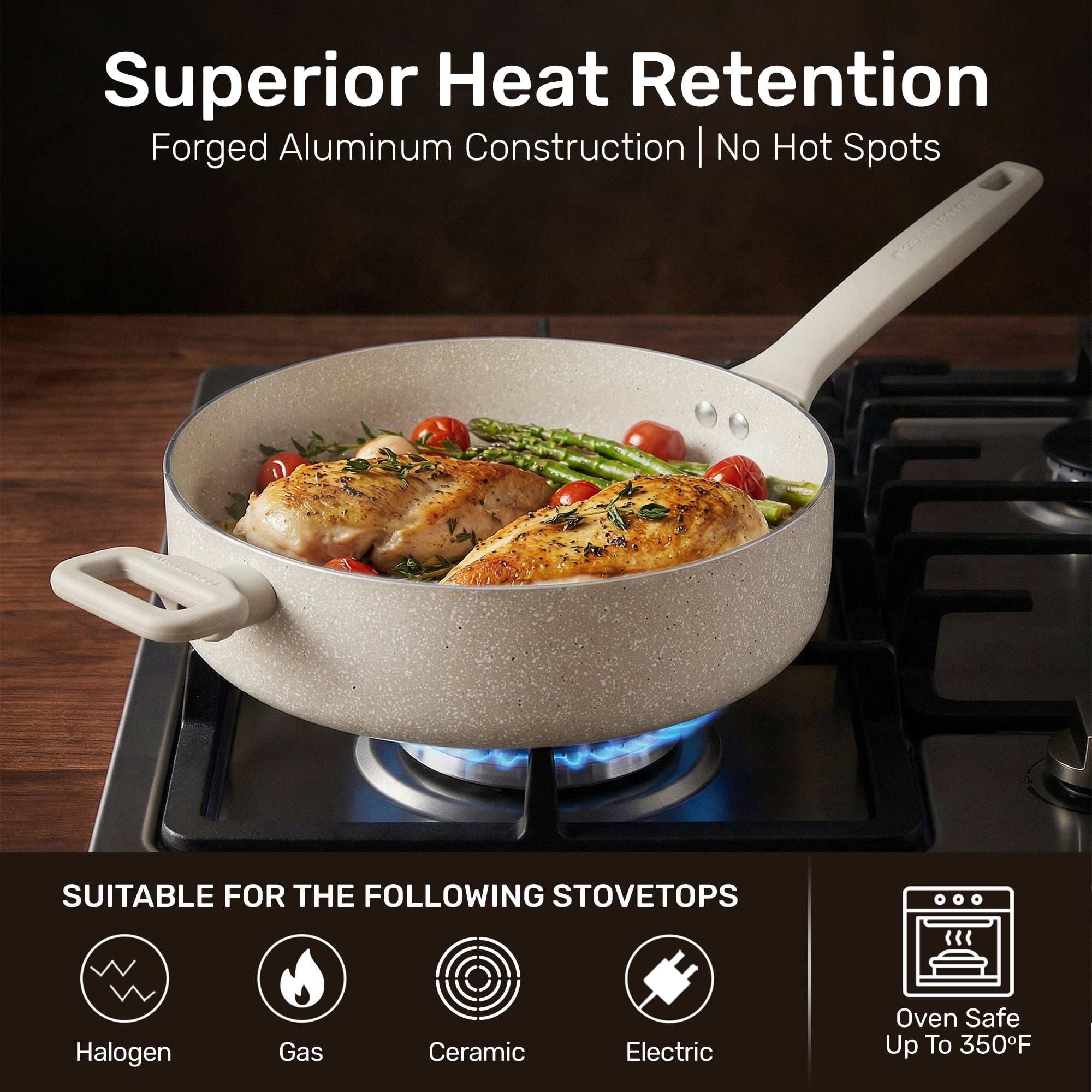 Granitestone 4Qt Saute Pan with Lid, 12 Inch Deep Frying Pan with Lid, Large Nonstick Skillet with Lid for Cooking, Oven Safe Skillet, Family Sized Frying Pans Nonstick, All in One Pan
