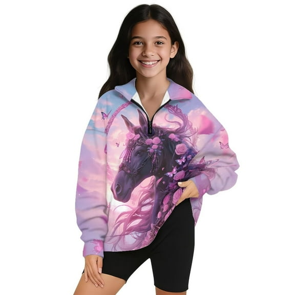 Uorisanigo Girls Half Zip Collar Sweatshirts Soft Pink Rose Horse School Quarter Zipper Cropped Sweatshirt Oversized Long Sleeve Pullover Jackets for Teen Girls Winter Clothes