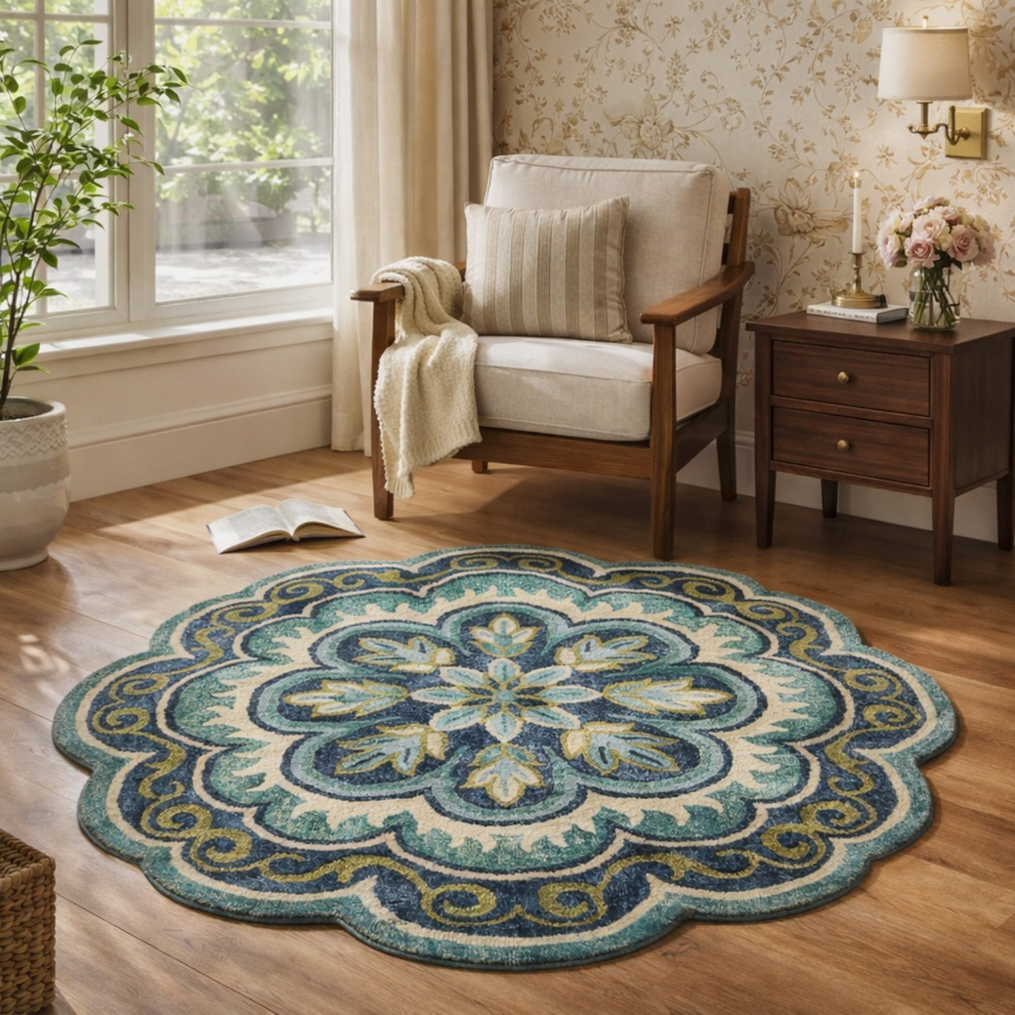 Ox Bay Emily 5' Round Green Floral Medallion Indoor Area Rug