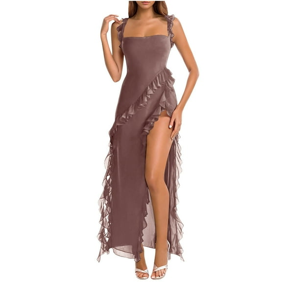 Htigea Womens Ruffle Strap High Slit Maxi Dress Sleeveless Square Neck Backless Party Club Dresses Evening Holiday Wedding Guest Dress Coffee,S