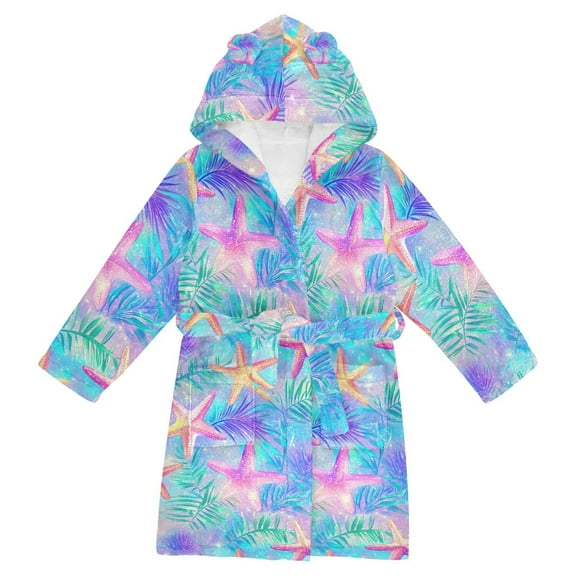 FORMRS Niños Bathrobe Unisex Hooded Robe Soft Plush Pajamas Sleepwear, Size 2-3T, Neon Starfish Pattern