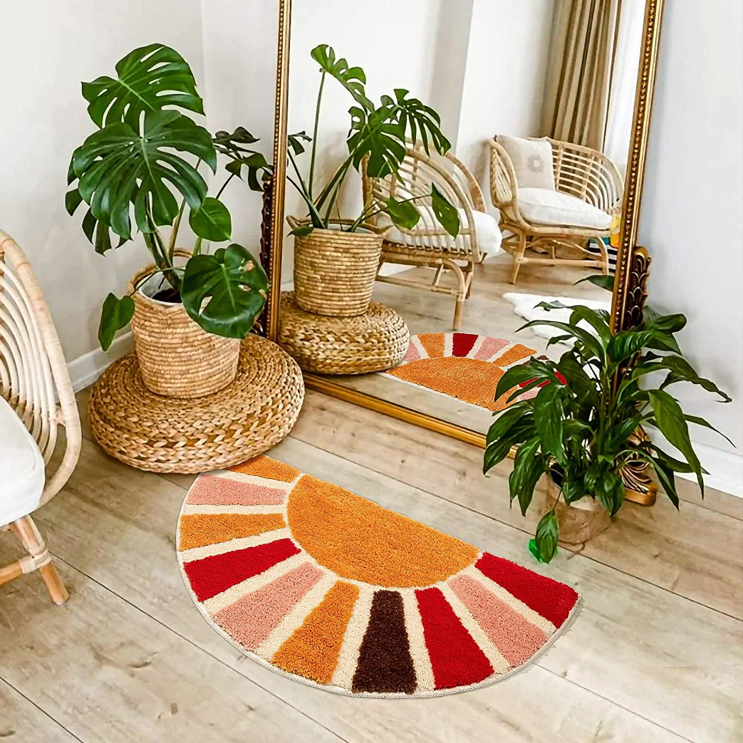 Boho Bathroom Rugs Half Circle Bath Mat Cute Bohemian Bath Rug for Bedroom Small Carpet Home Decor Non-Slip Semi Round Shower Rug Funny Washable Indoor Floor Door Mat Sun Retro 16x30inch