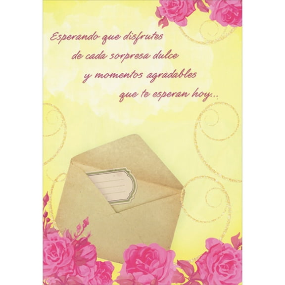 Designer Greetings Beige Envelope and Pink Flowers on Yellow Background Spanish Language Mother's Day Card