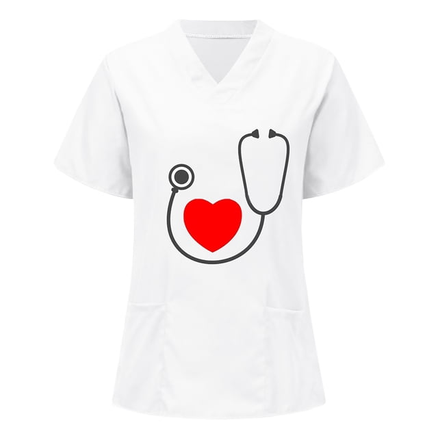 Gibobby Camisa De Invierno Mujeres Enfermería Camisetas Con cuello en V Uniforme corto Trabajo Tops Manga Blusa de mujer(Blanco, S)