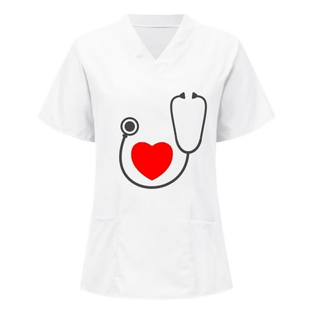 

Heart Printed Working Uniform T shirts Working V Neck Tops Sleeve Short Women Blouse Scrubs Top Working Uniform Nurses