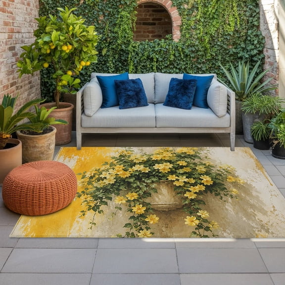 Outdoor Rug, Yellow Flower Leaves Country Style Indoor Area Rug Outdoor Carpet RV Camping Rugs 4x6ft Vintage Wall Outside Mat for Patio Picnic Porch Deck Balcony Backyard