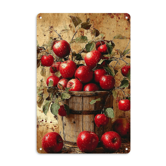 Rustic Apple Barrel Wall Art Sign - Vintage Harvest Decoration for Kitchen and Living Room, Easy to Hang 8 "X 12" Pre-punched Metal Tin Sign, Suitable for Fall, Halloween, Thanksgiving