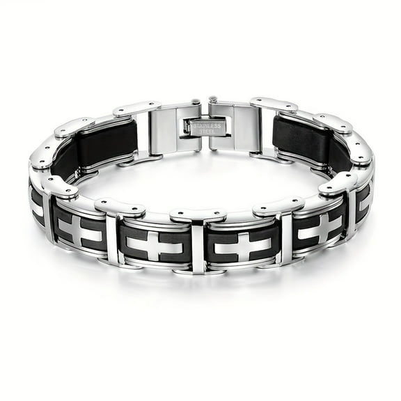 Stainless Steel Silicone Bracelet with Cross Design - Religious Faith Jewelry, Perfect Father'S Day Gift,Silver