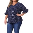 thumbnail image 4 of Blusa de mujer de tallas grandes GRACE & GRANDEUR con volantes en el frente, mangas fruncidas, cuello en V, tops casuales 4X azul oscuro, 4 of 6