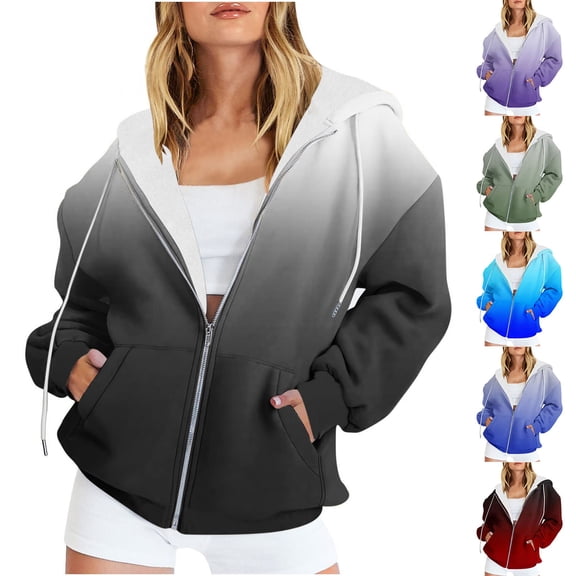 Pxxlle Trendy Hoodies for Women Plus Size Zip Up Hooded Sweatshirt Gradient Graphic Hooded Jacket Fall Winter Long Sleeve Sweatshirts with Pockets Green L