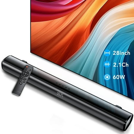 Sound Bar for TV, 60W Soundbar TV Speakers, 2.1 ch Home Theater with Subwoofer Boost, 3 Equalizer Modes, Soundbar for TV/PC/Gaming/Projectors, Bluetooth, OPT, COX, USB & AUX Wall Mountable