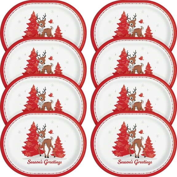 Deer Christmas Oval Disposable Paper Plates, 12" x 10", Red and White, 8 Count, by Holiday Time