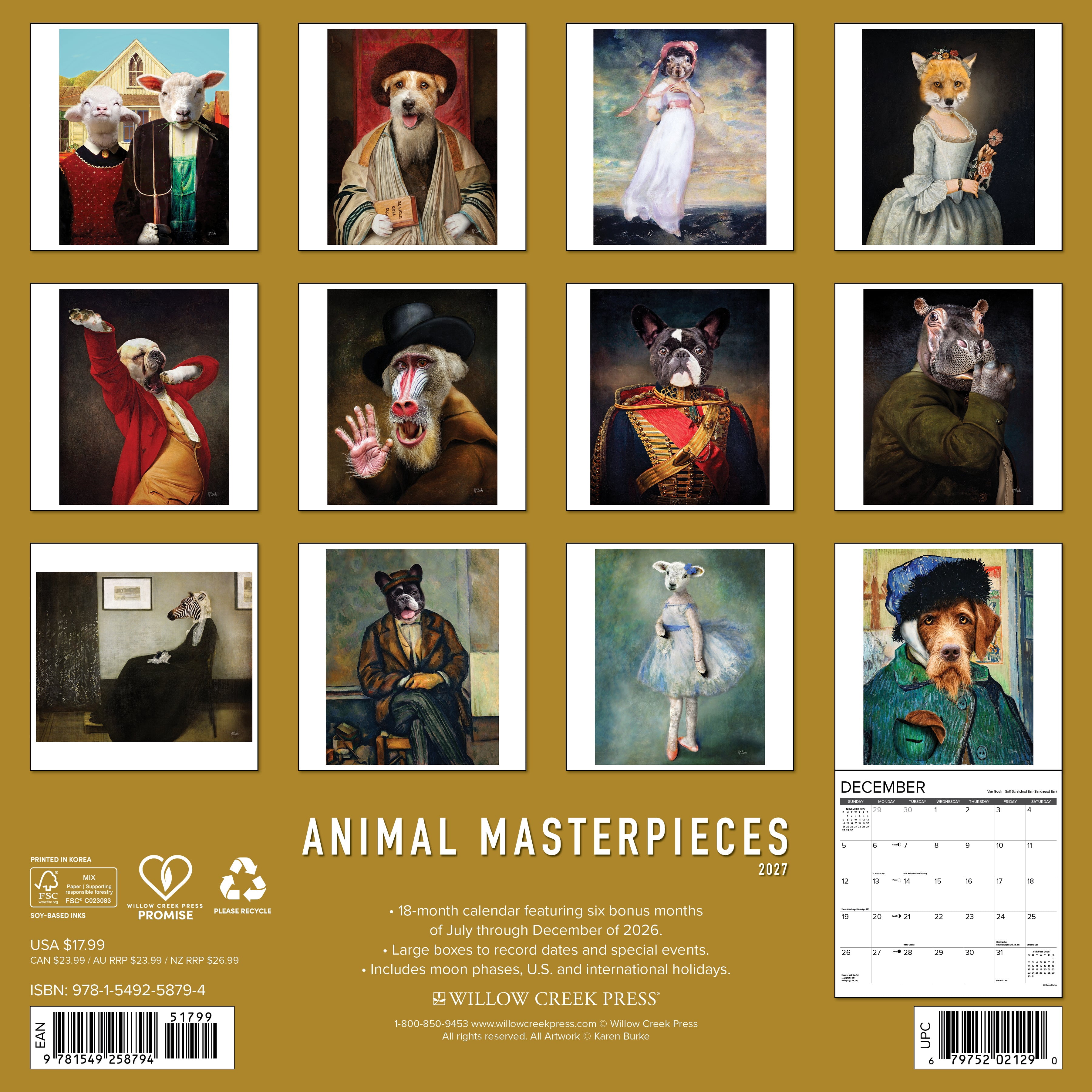 Willow Creek Press, Animal Masterpieces 2027 Wall Calendar